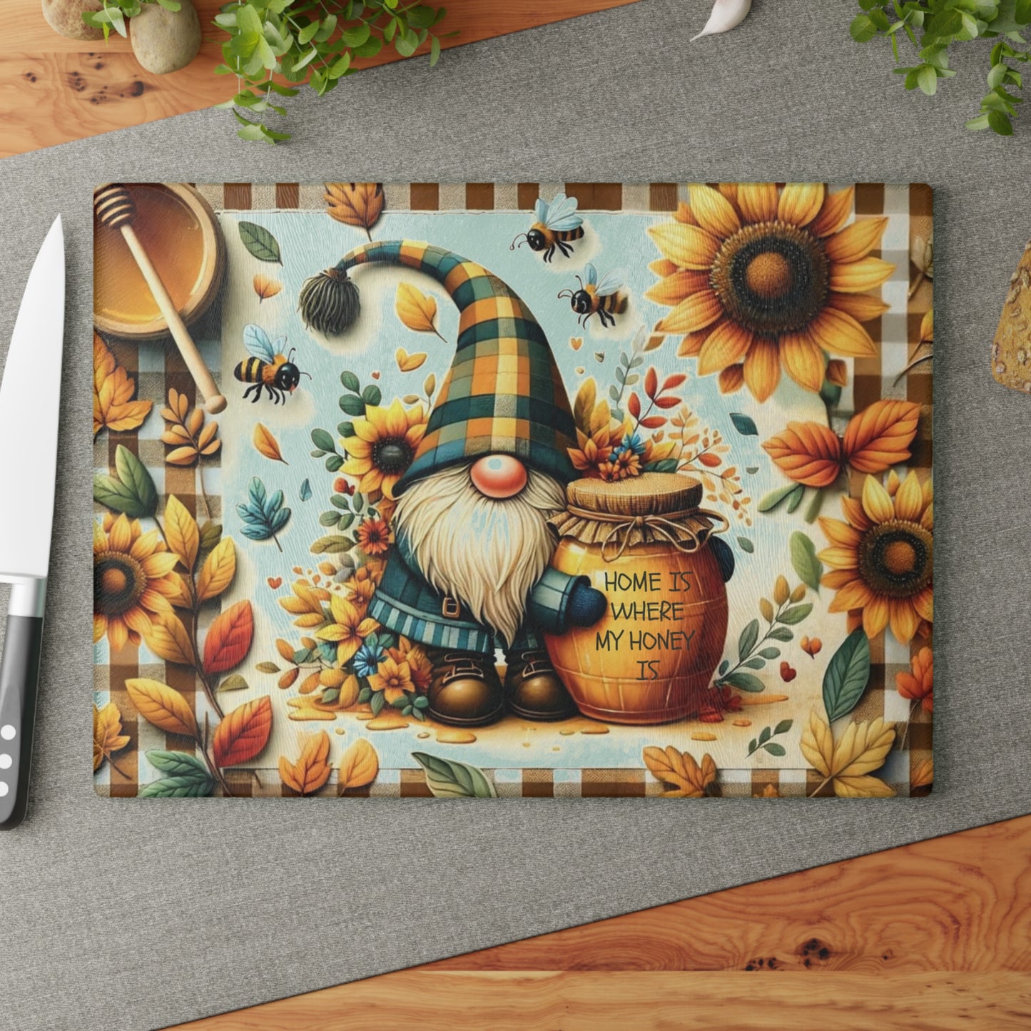 🐝🌻 “Home Is Where My Honey Is” Gnome Glass Cutting Board – Sunny Cheer for Your Kitchen