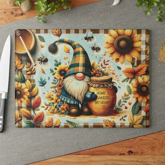 🐝🌻 “Home Is Where My Honey Is” Gnome Glass Cutting Board – Sunny Cheer for Your Kitchen