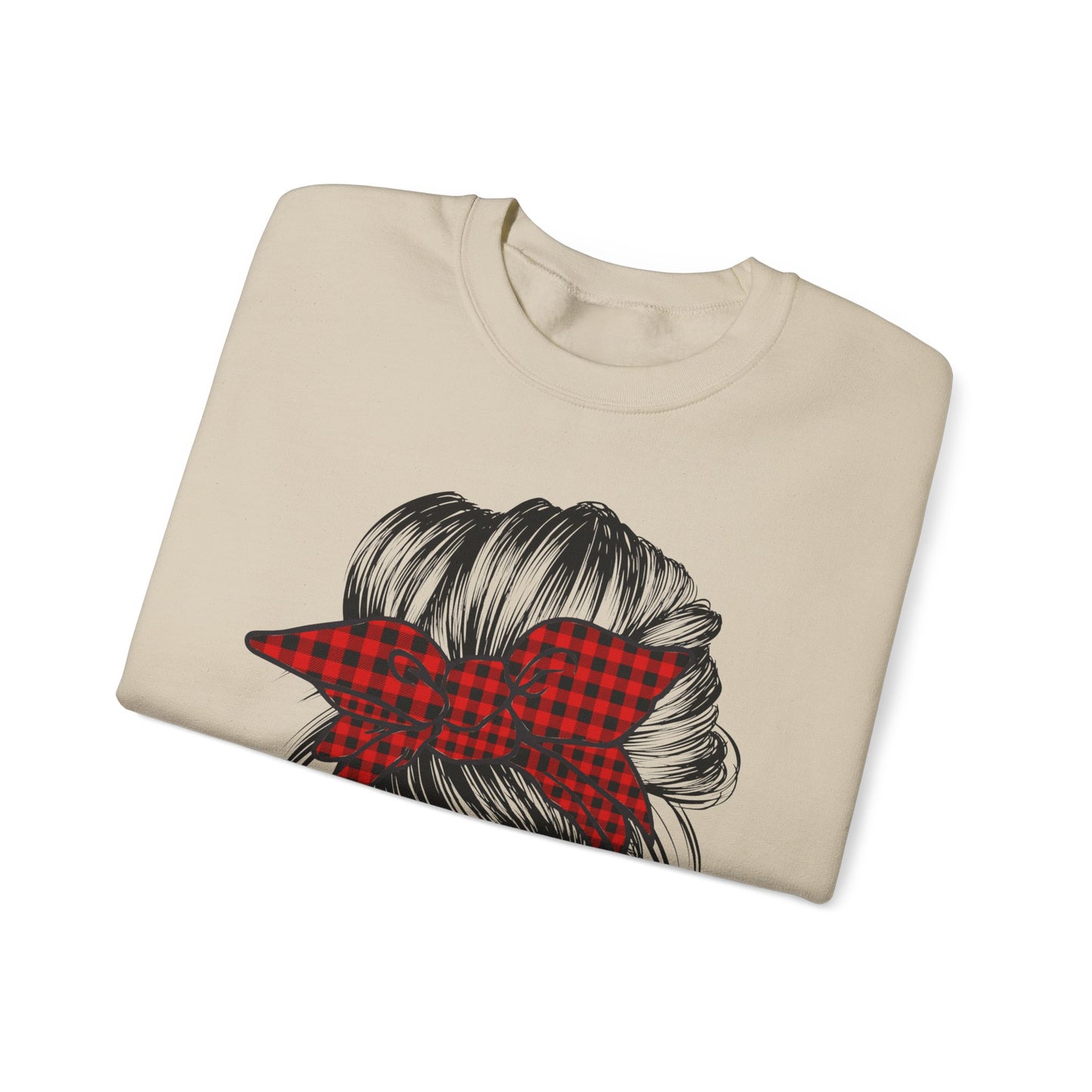 🎅✨ Santa Baby Buffalo Plaid Hair Bun Sweatshirt – Festive Holiday Vibes ❤️🖤