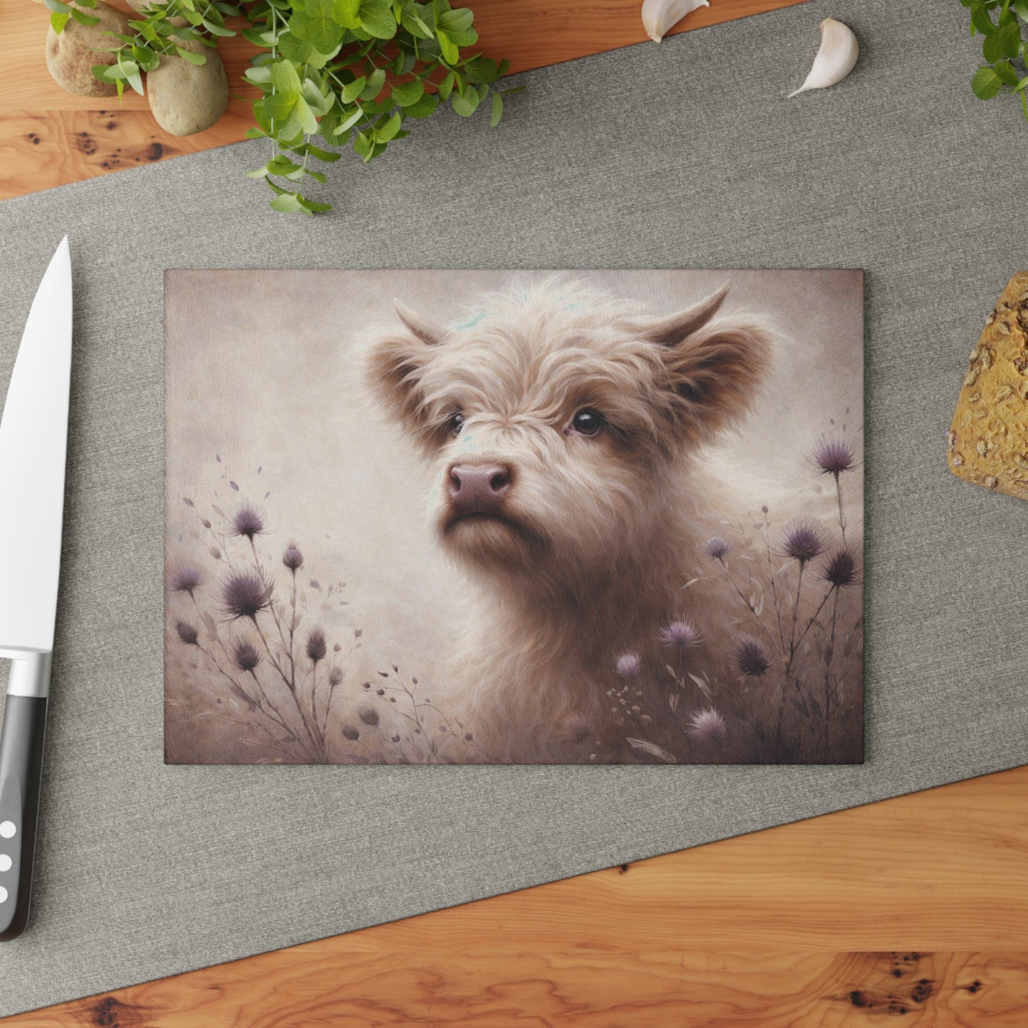 Gentle Highland Calf Glass Cutting Board – Soft Farmhouse Kitchen Art with Floral Accents