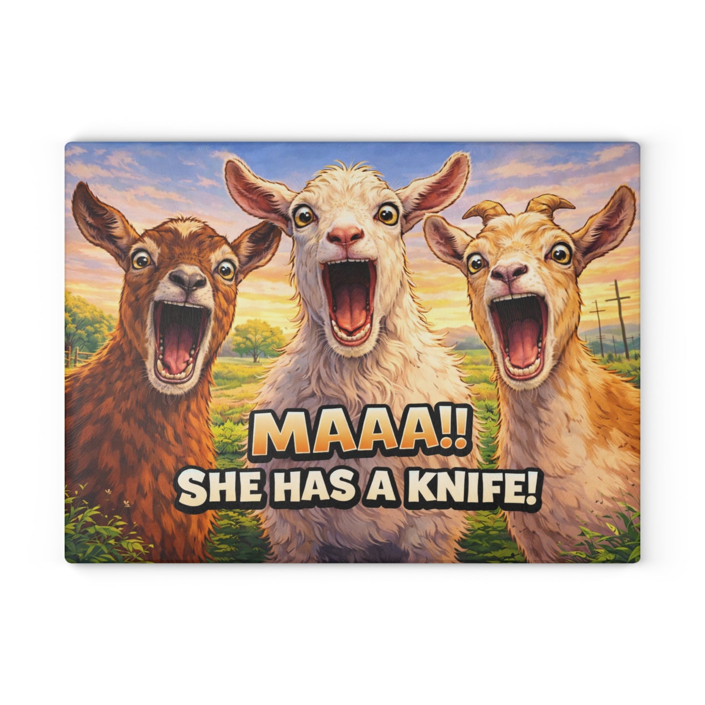 Maaa! She Has a Knife Glass Cutting Board – Funny Goat Farm Kitchen Art Display