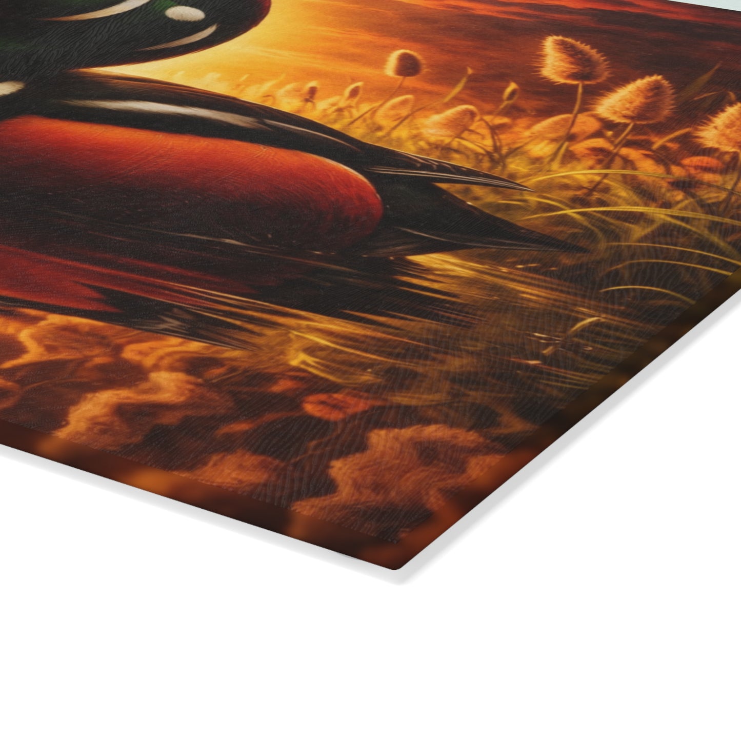 Hooded Merganser Duck at Golden Sunset Glass Cutting Board – Vibrant Wildlife Reflection Artwork