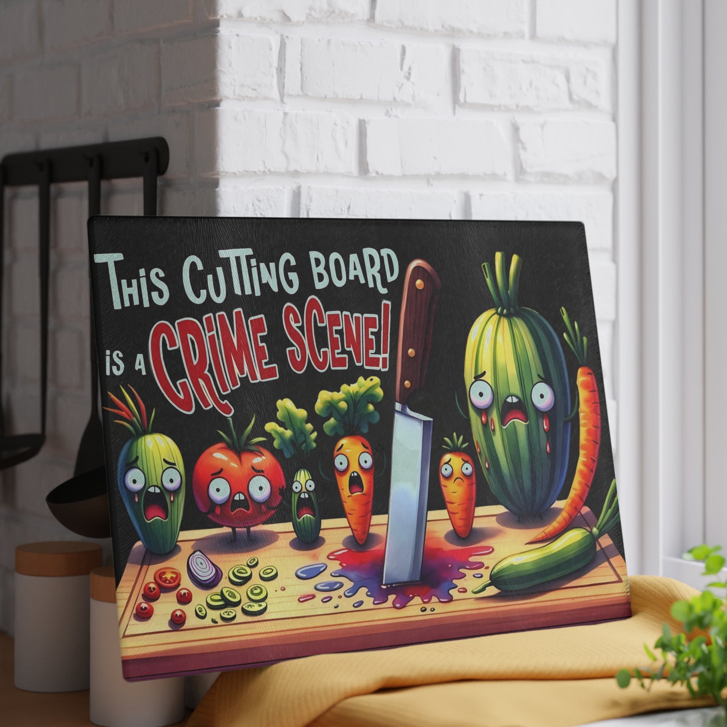 Tabla de cortar de vidrio para escena del crimen en la cocina: ¡Vegetales gritones y estilo asesino!