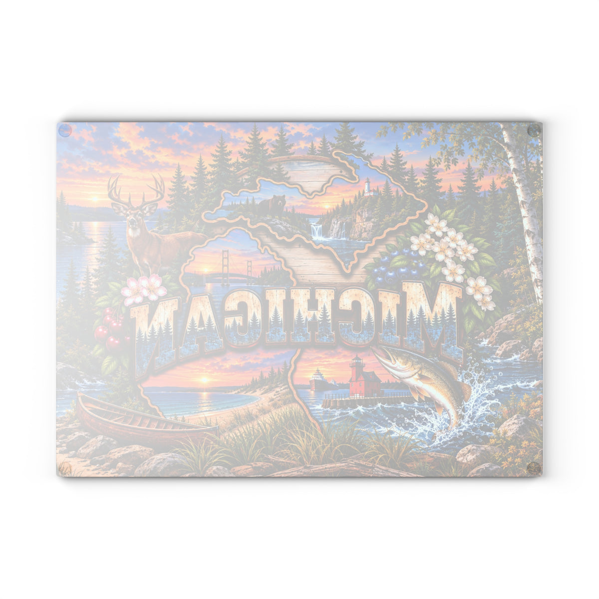 Michigan Scenic Glass Cutting Board – Great Lakes, Lighthouse, Deer, Black Bear & Michigan State Décor
