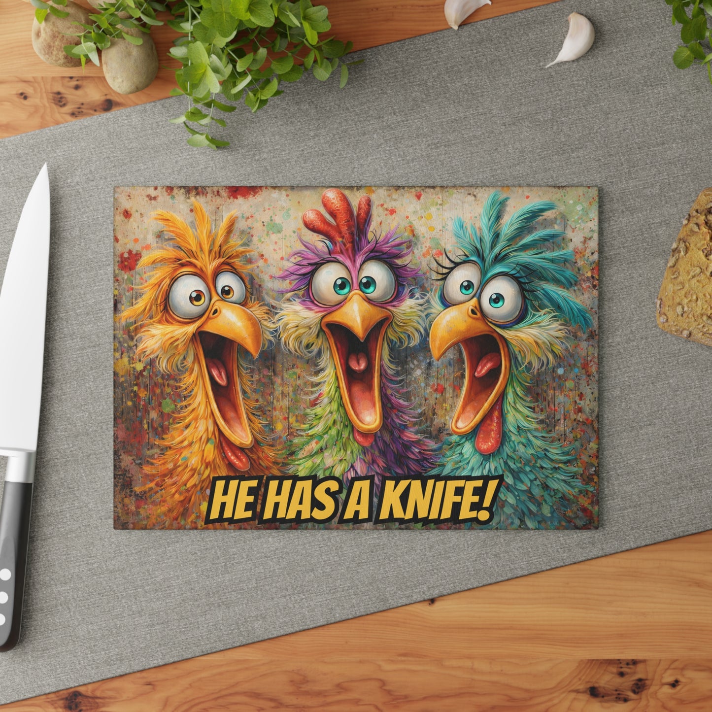 Kitchen Chaos Served Daily Glass Cutting Board – Funny Chicken Kitchen Art