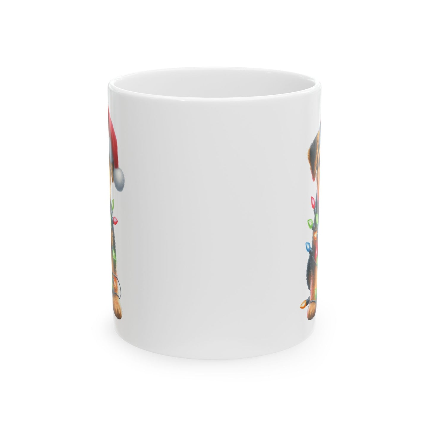 🎄 Airedale Terrier Christmas Mug – Jolly Pup with Santa Hat & Twinkling Lights 🎁