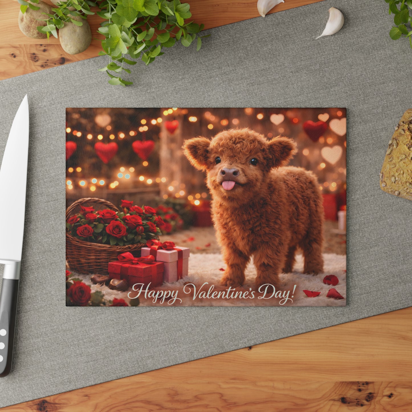 Valentine Highland Calf Glass Cutting Board – Sweet Farmhouse Love Scene Kitchen Accent