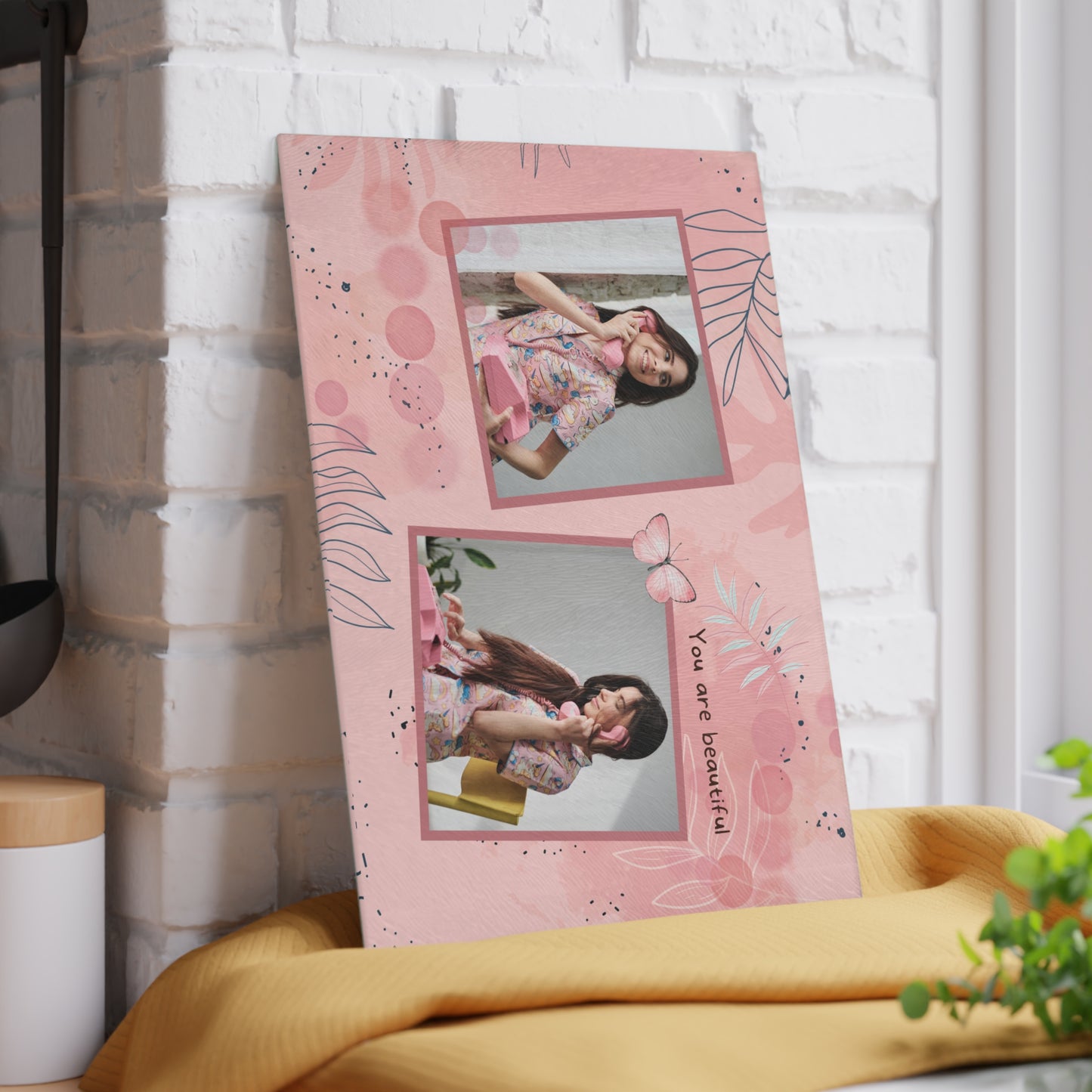 You Are Beautiful Photo Collage Glass Cutting Board – Pink Butterfly Inspirational Keepsake