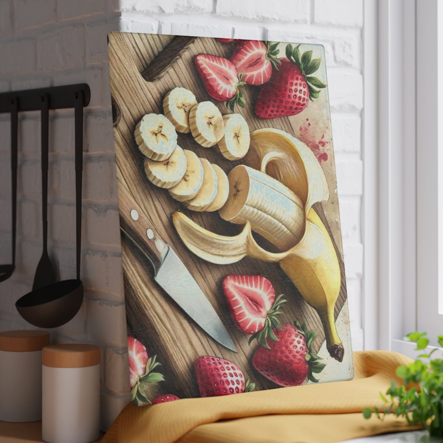 Tabla de cortar de vidrio templado para exhibición de frutas con una vibrante variedad de frutas frescas