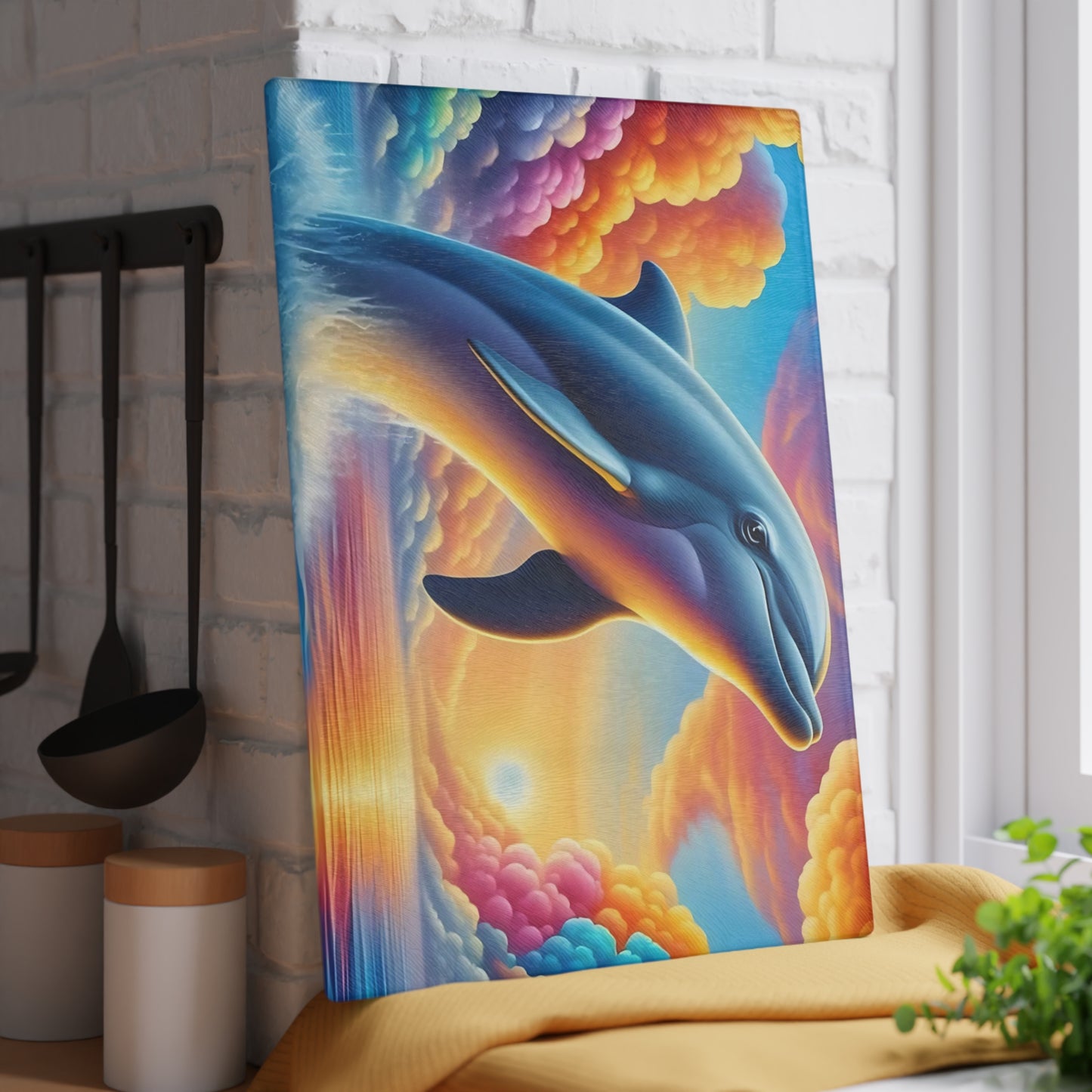 Happy Dolphin & Rainbow-Colored Clouds Glass Cutting Board – Whimsical Ocean Kitchen Art