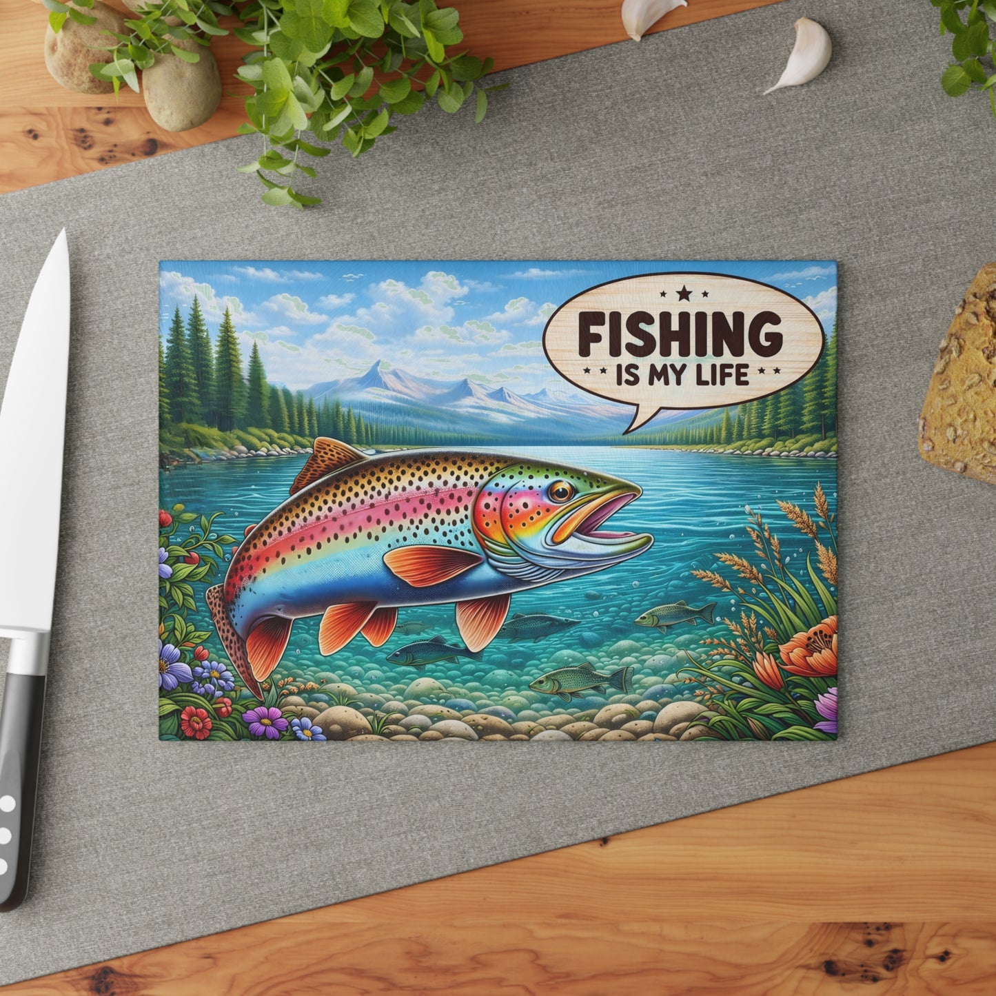 Fishing Is My Life Glass Cutting Board – Colorful Trout Lake Scene with Rustic Fishing Humor