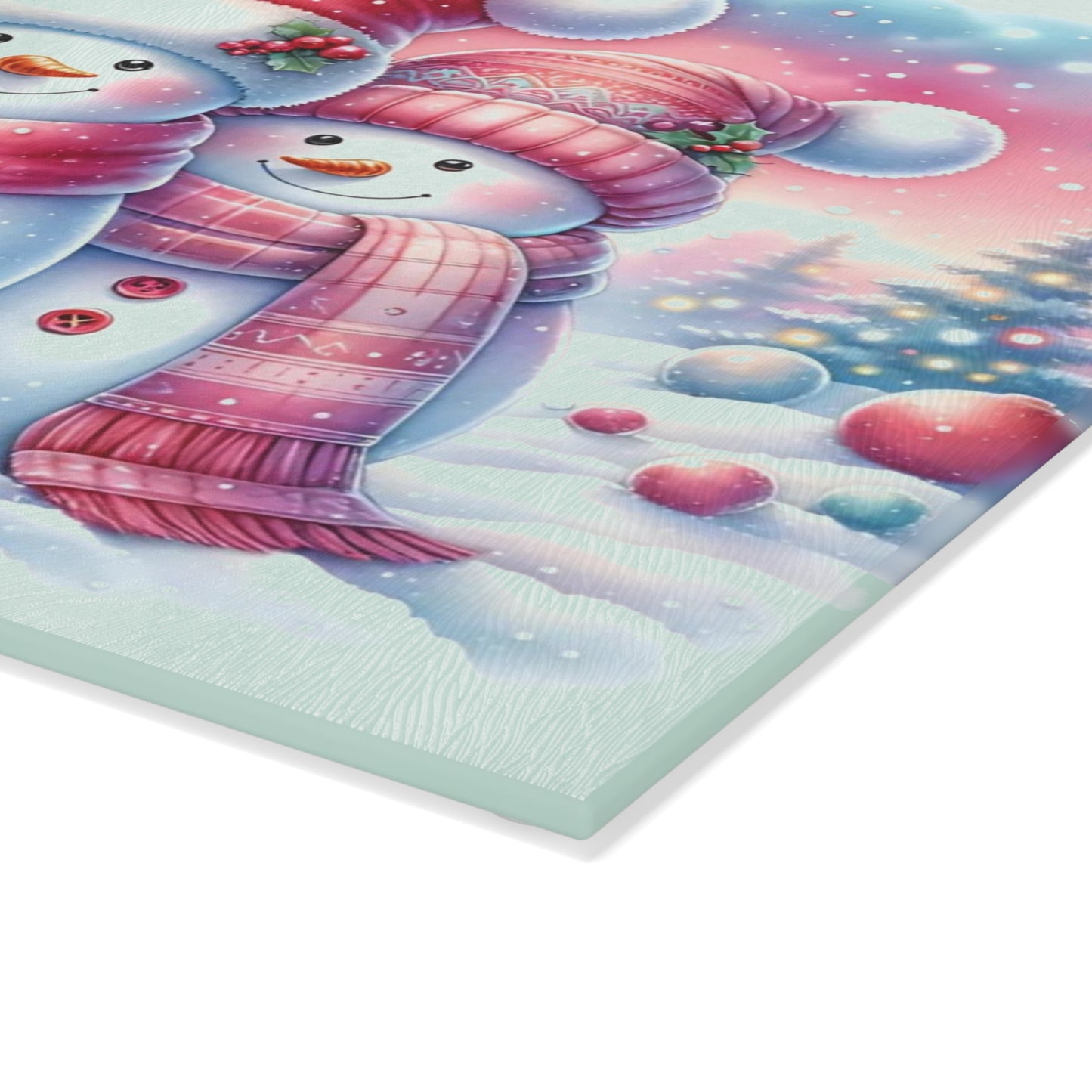 ⛄️🎀 “Pink Scarf Snowman Trio” Glass Cutting Board – Cozy Charm for Your Kitchen