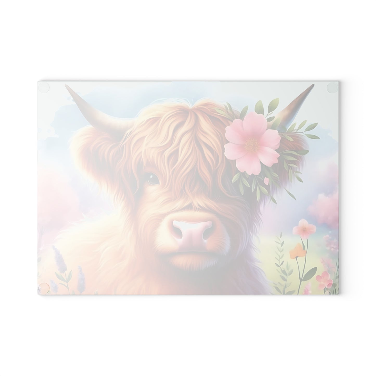 🐮 Highland Cow with Floral Crown – Rustic Farmhouse Glass Cutting Board