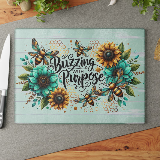 🐝🌻 “Buzzing with Purpose” Glass Cutting Board – Uplift Your Kitchen with Cheer