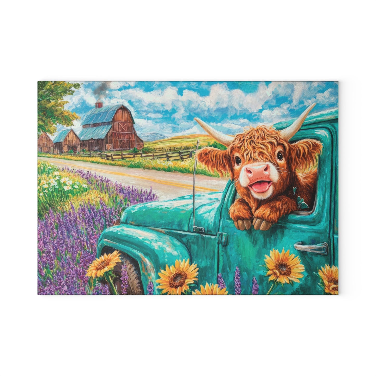 🚜🌻 Baby Highland Cow in Old Truck Glass Cutting Board – Rustic Farm Charm with Sunflowers & Barn 🌼