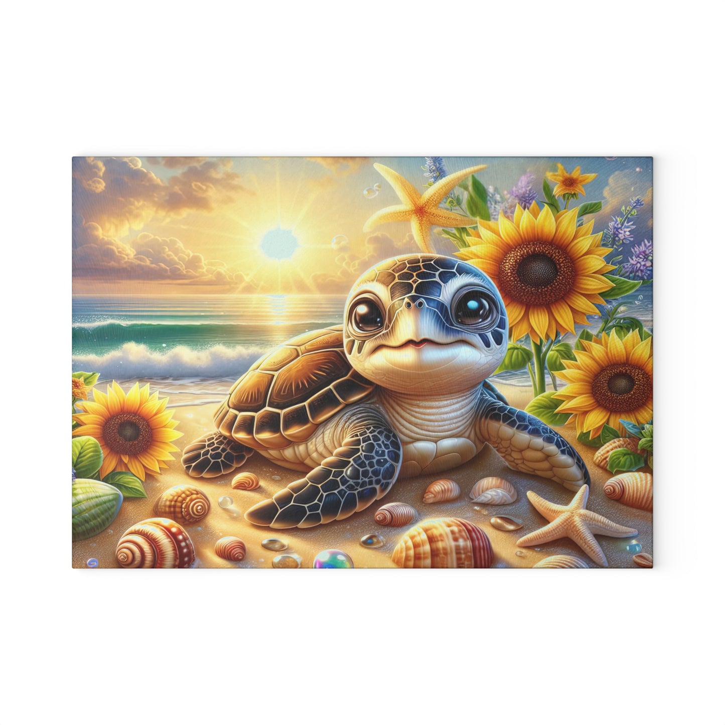 Sunny Shore Sea Turtle Glass Cutting Board – Coastal Beach Artwork with Sunflowers