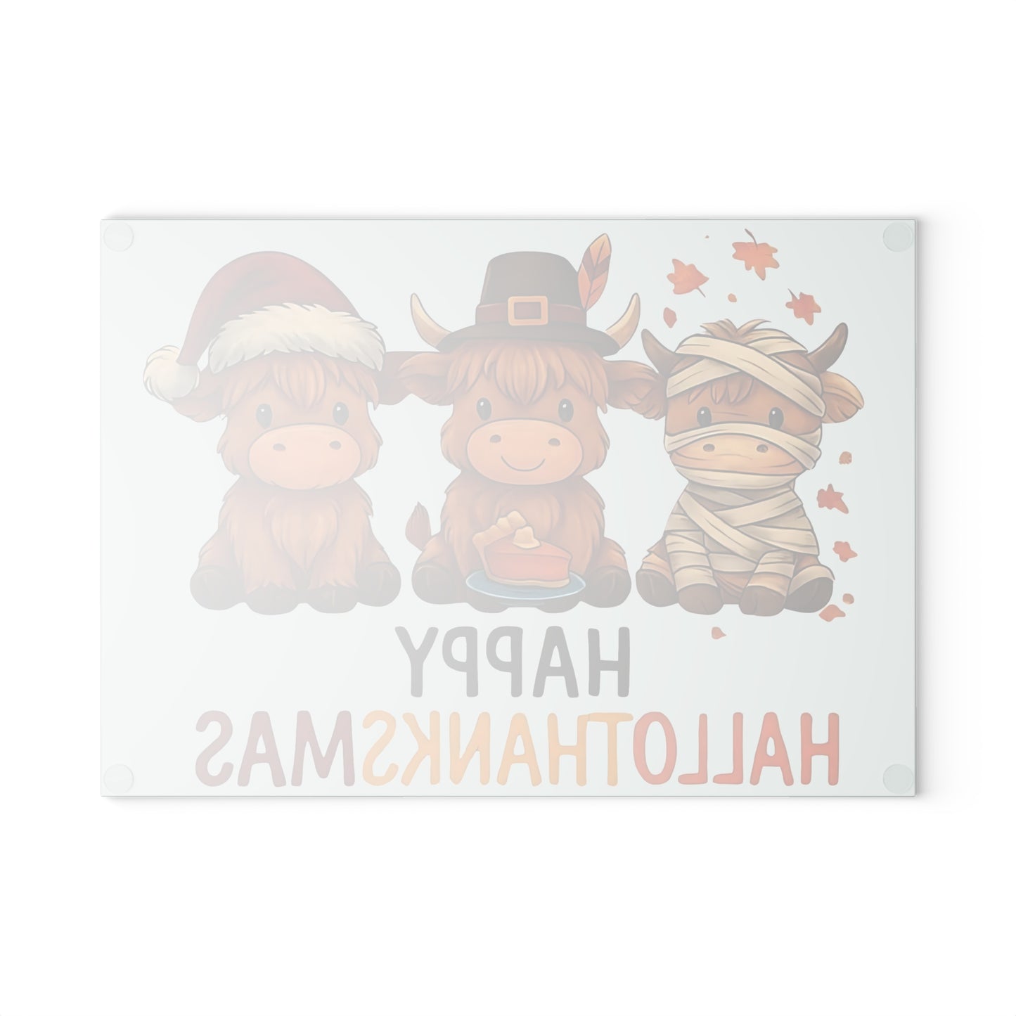 🎃🦃🎄 Happy Hallothanksmas Highland Cow Cutting Board – Festive Multi-Holiday Kitchen Décor 🍁🥧✨