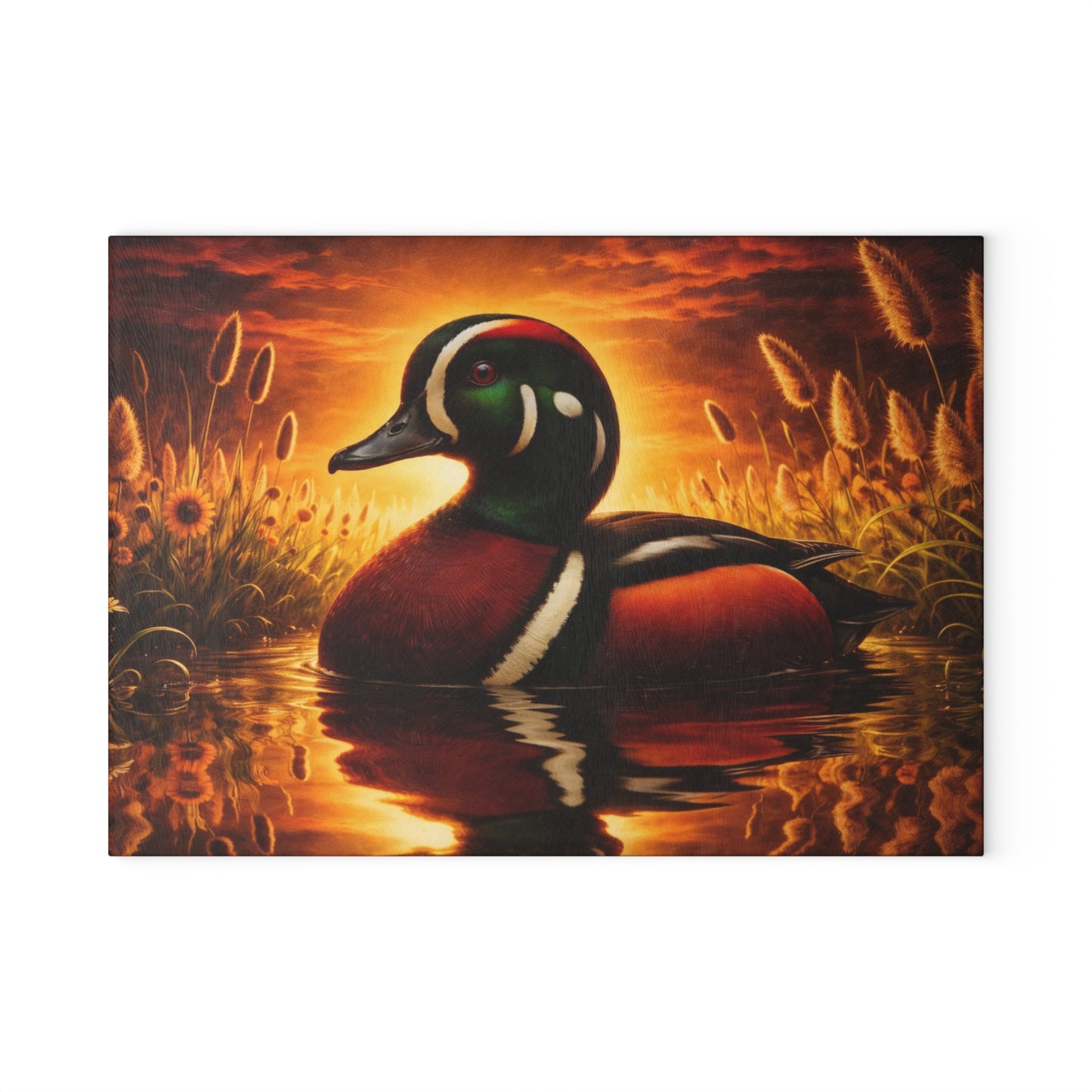 Hooded Merganser Duck at Golden Sunset Glass Cutting Board – Vibrant Wildlife Reflection Artwork