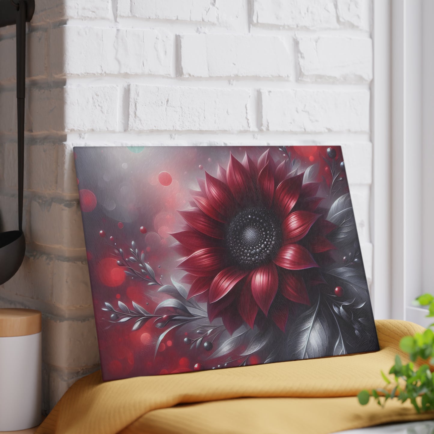 🌻🖤 Red and Black Sunflower Cutting Board – Bold Elegance for Your Kitchen 🌹
