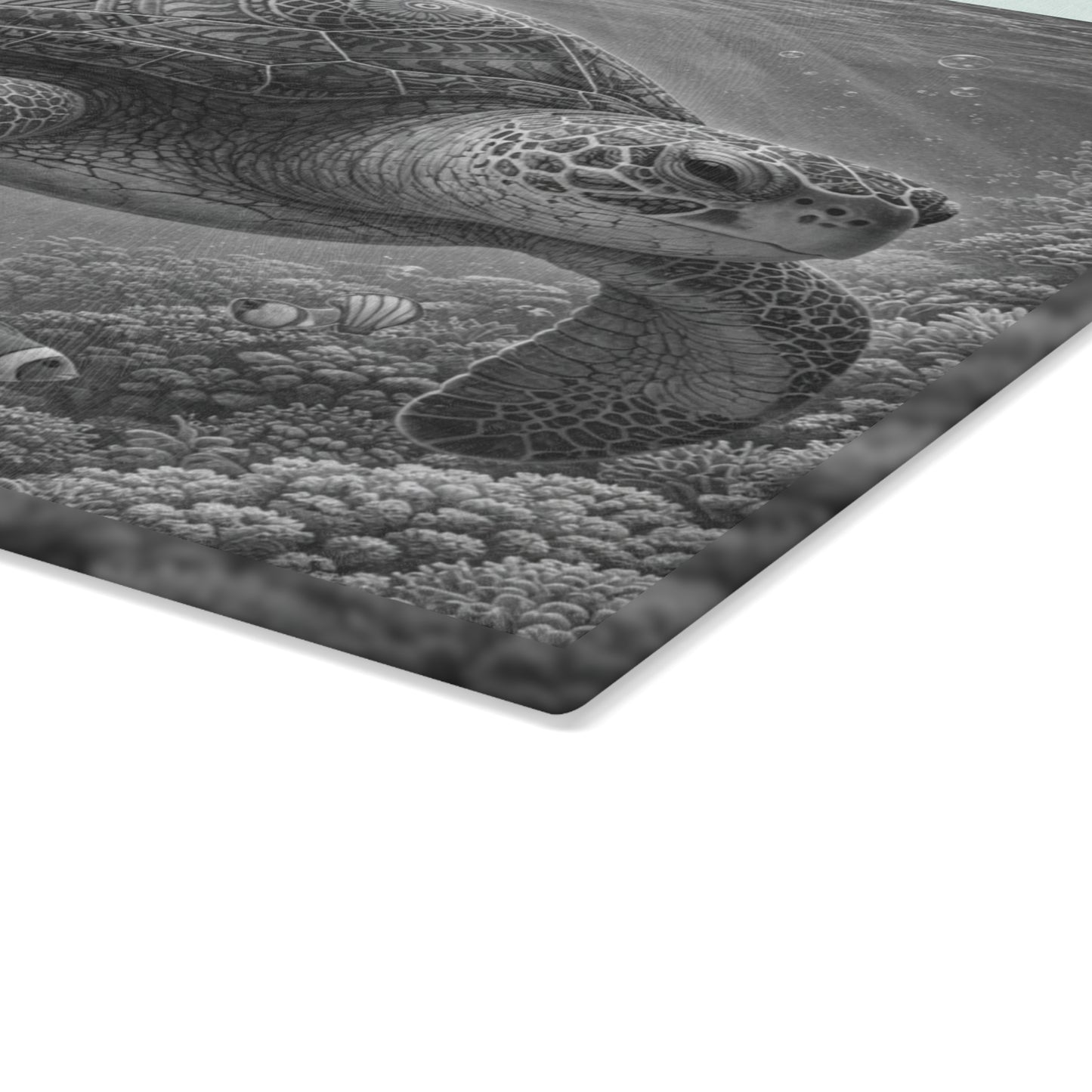 Sacred Depths Sea Turtle Glass Cutting Board – Black & White Ocean Artwork
