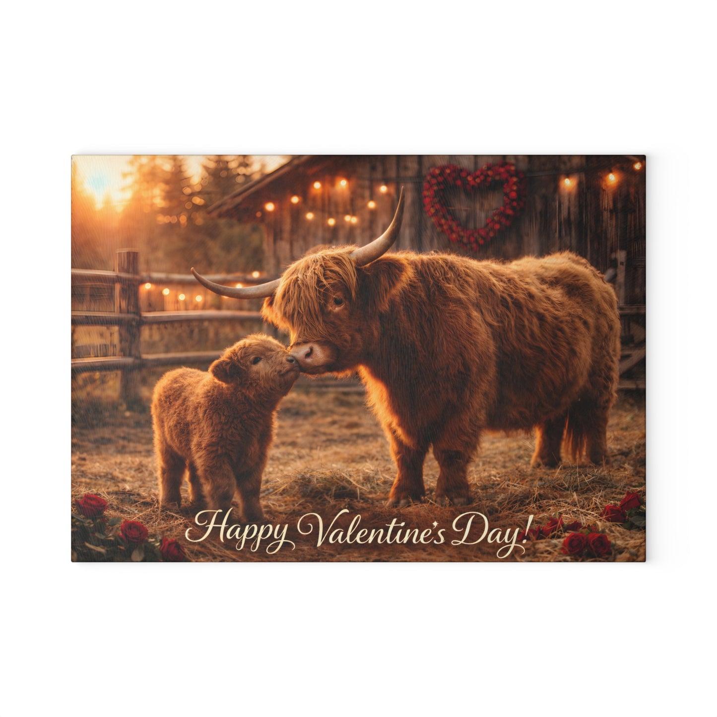 Valentine Highland Cow Mother & Calf Glass Cutting Board – Cozy Farmhouse Love Kitchen Decor