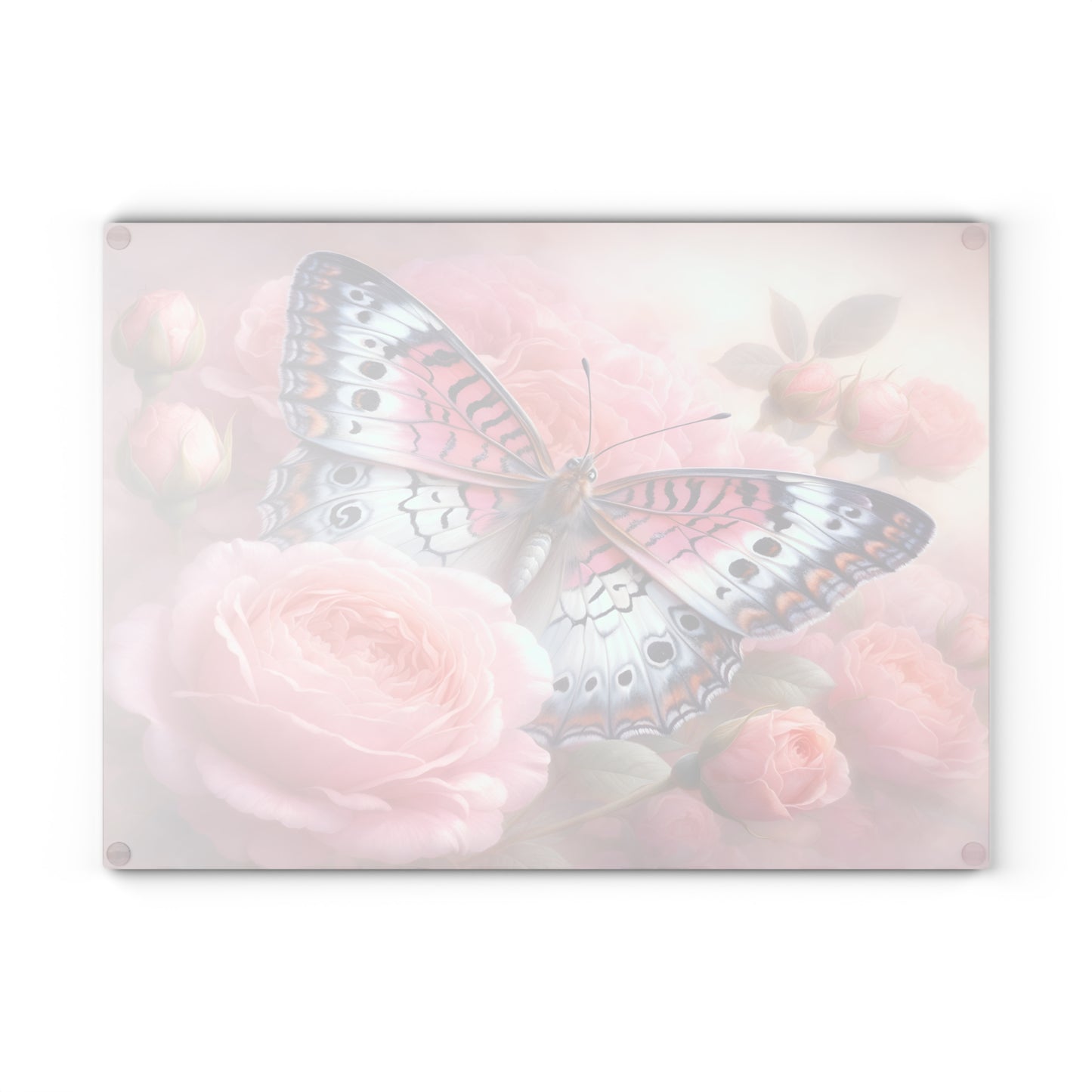 Pink Butterfly & Rose Garden Glass Cutting Board – Elegant Floral Nature Kitchen Décor