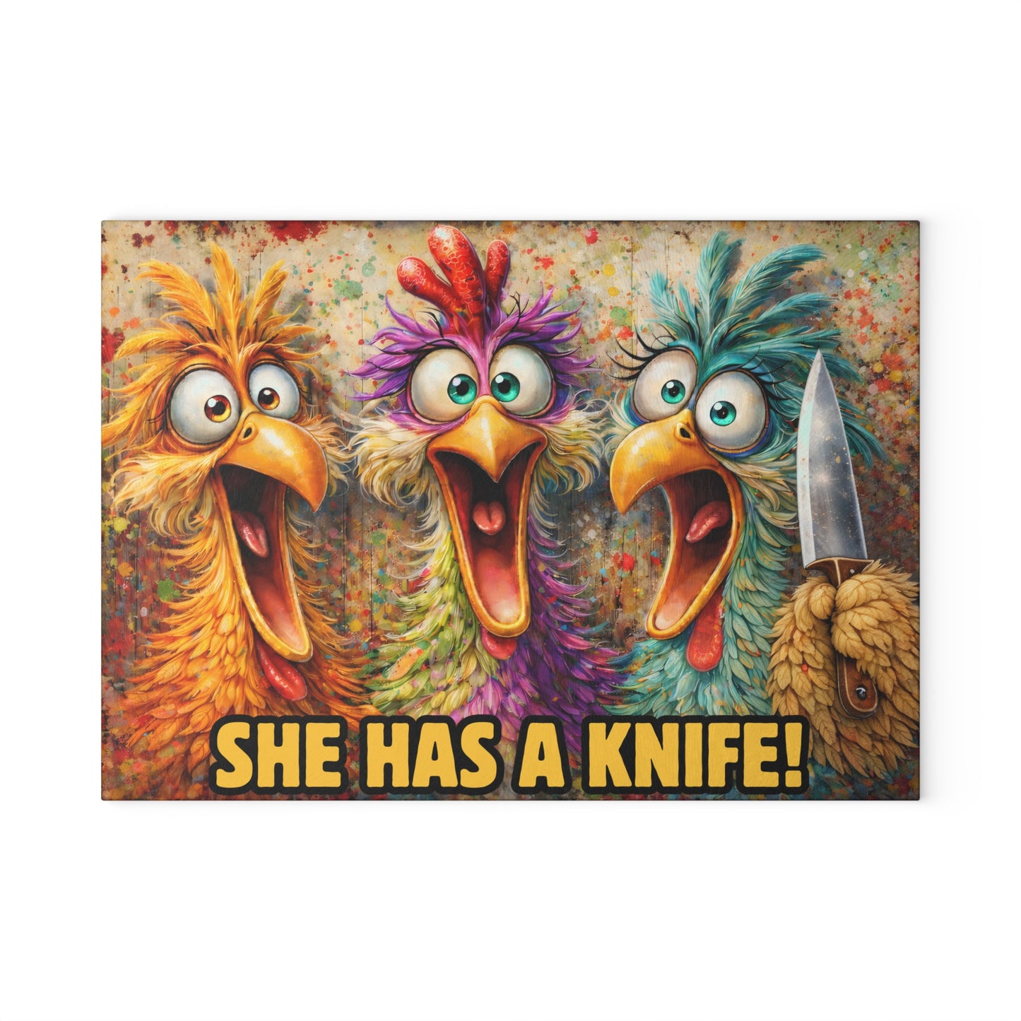 She Has a Knife! Funny Chicken Glass Cutting Board – Bold Farmhouse Kitchen Humor
