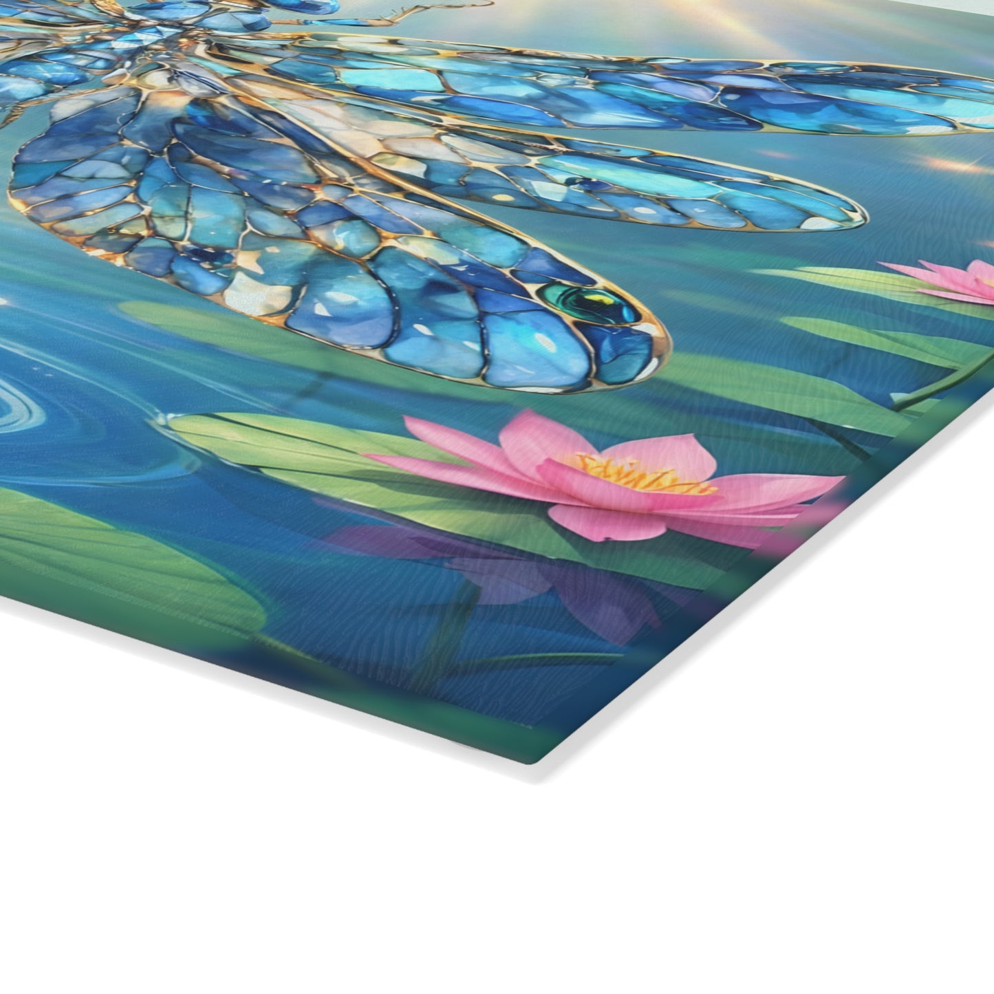 Radiant Dragonfly Glass Cutting Board – Tranquil Pond Art Kitchen Decor