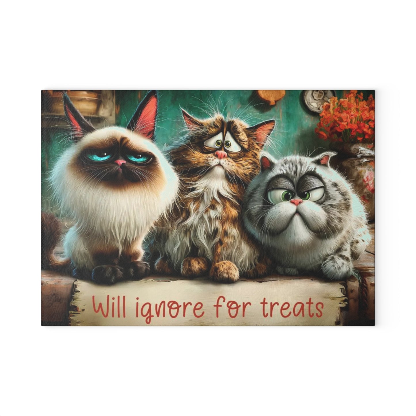 🐾🍪 “Will Ignore for Treats” Glass Cutting Board – Whimsical Cat Lovers Kitchen Décor