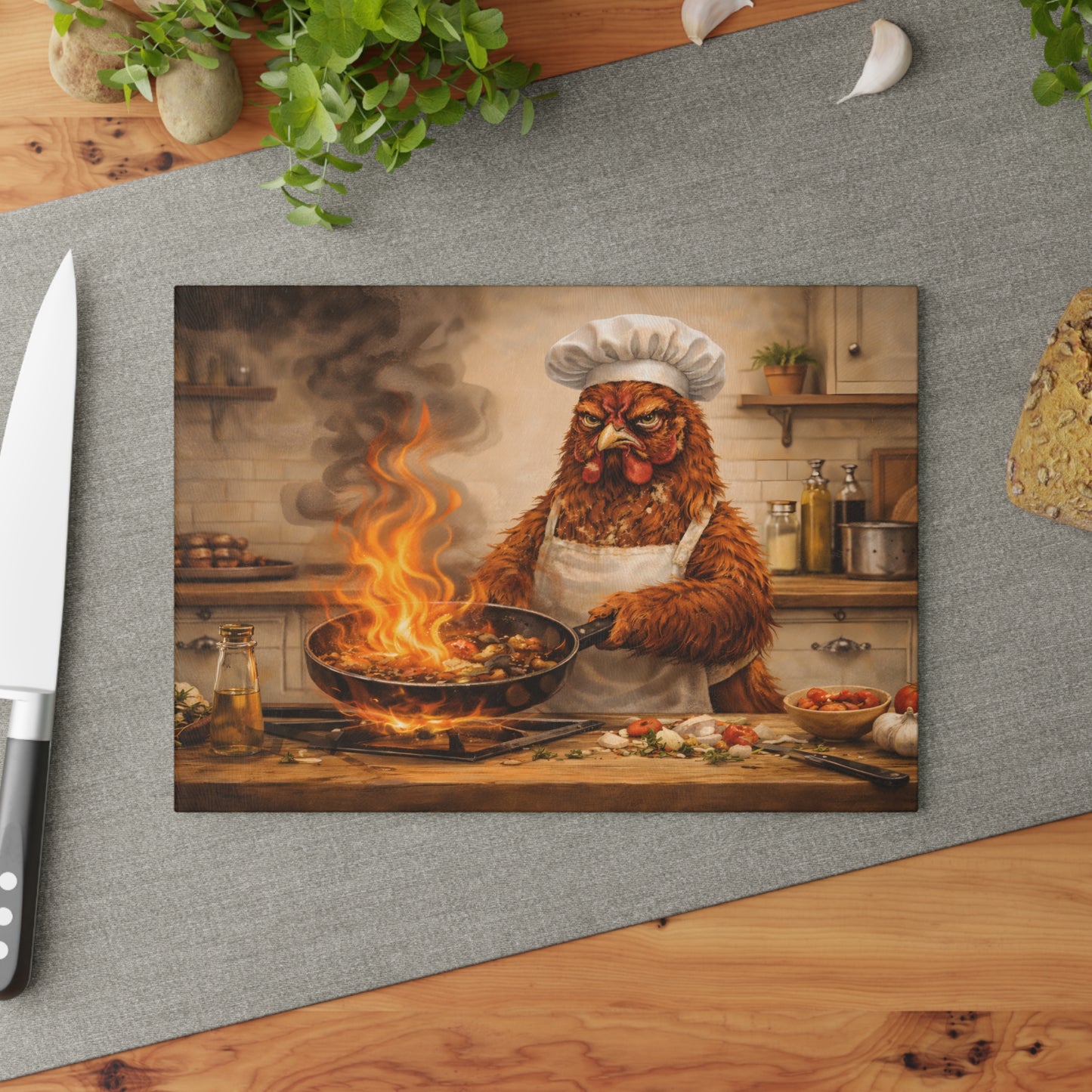 Angry Chicken Chef Glass Cutting Board – Funny Kitchen Chaos Farm Art