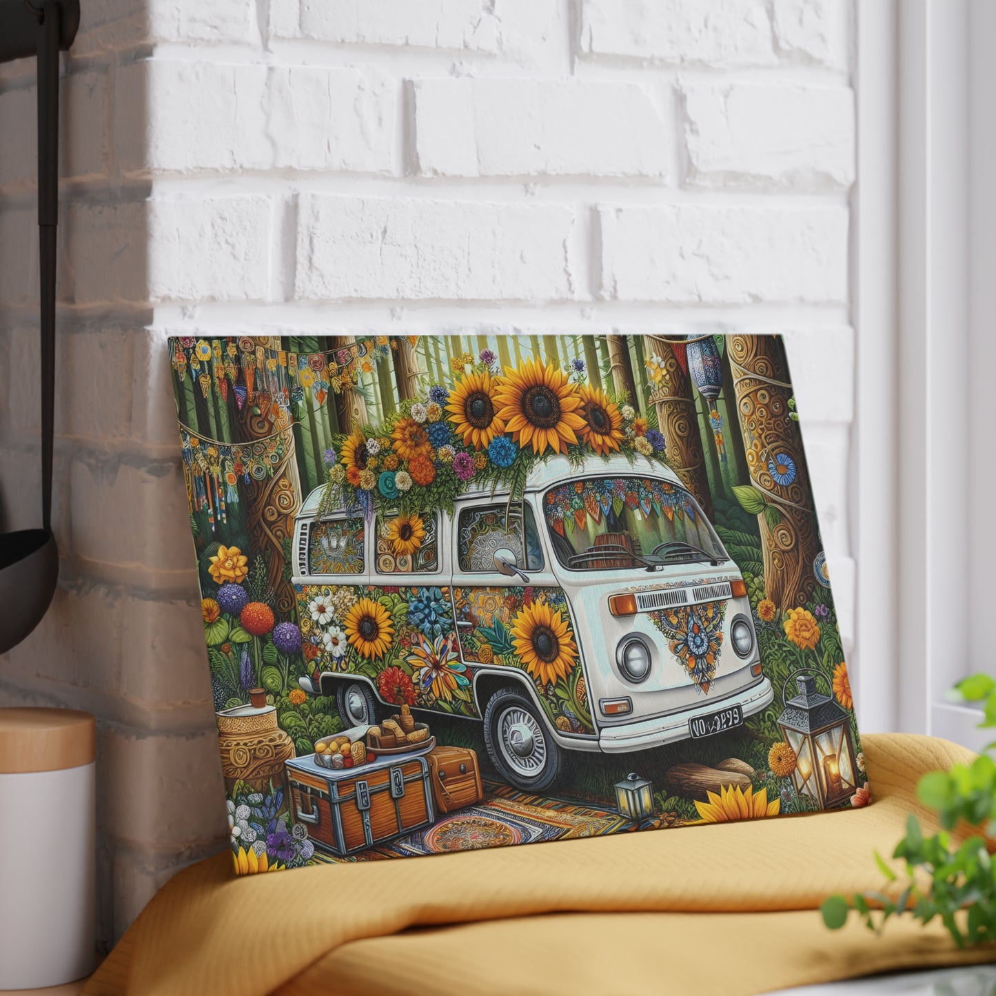 🌻 Boho Sunflower Van Cutting Board – Retro Vibes for Your Kitchen 🌼
