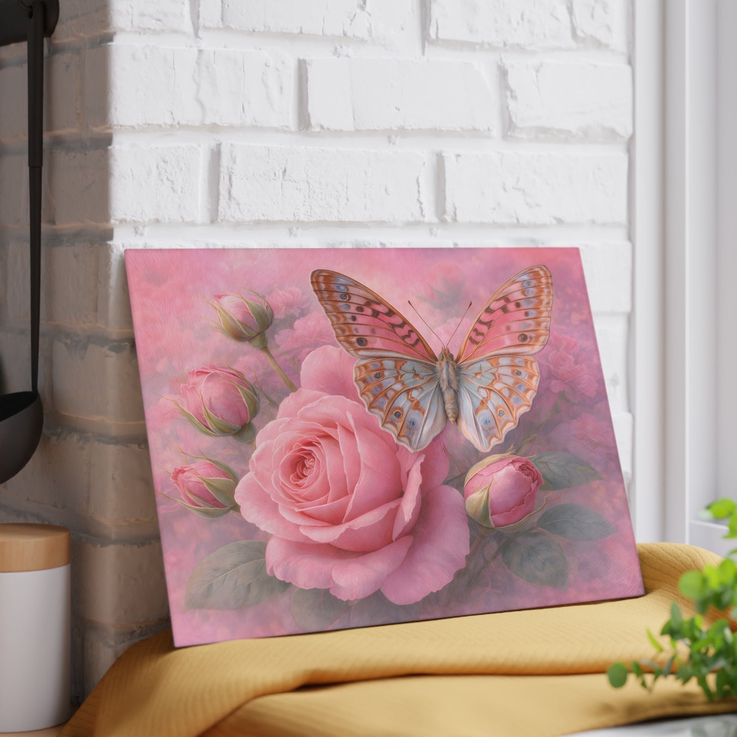 Pink Rose & Butterfly Glass Cutting Board – Romantic Floral Butterfly Kitchen Art