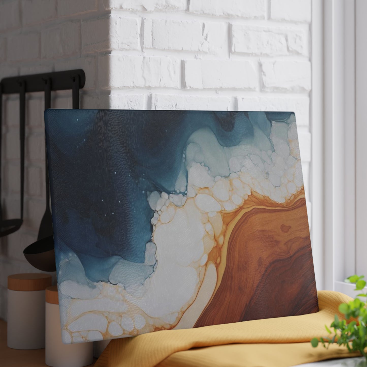 Tabla de cortar de vidrio templado con efecto mármol, imitación madera, azul verdoso y blanco: cocina rústica de estilo elegante