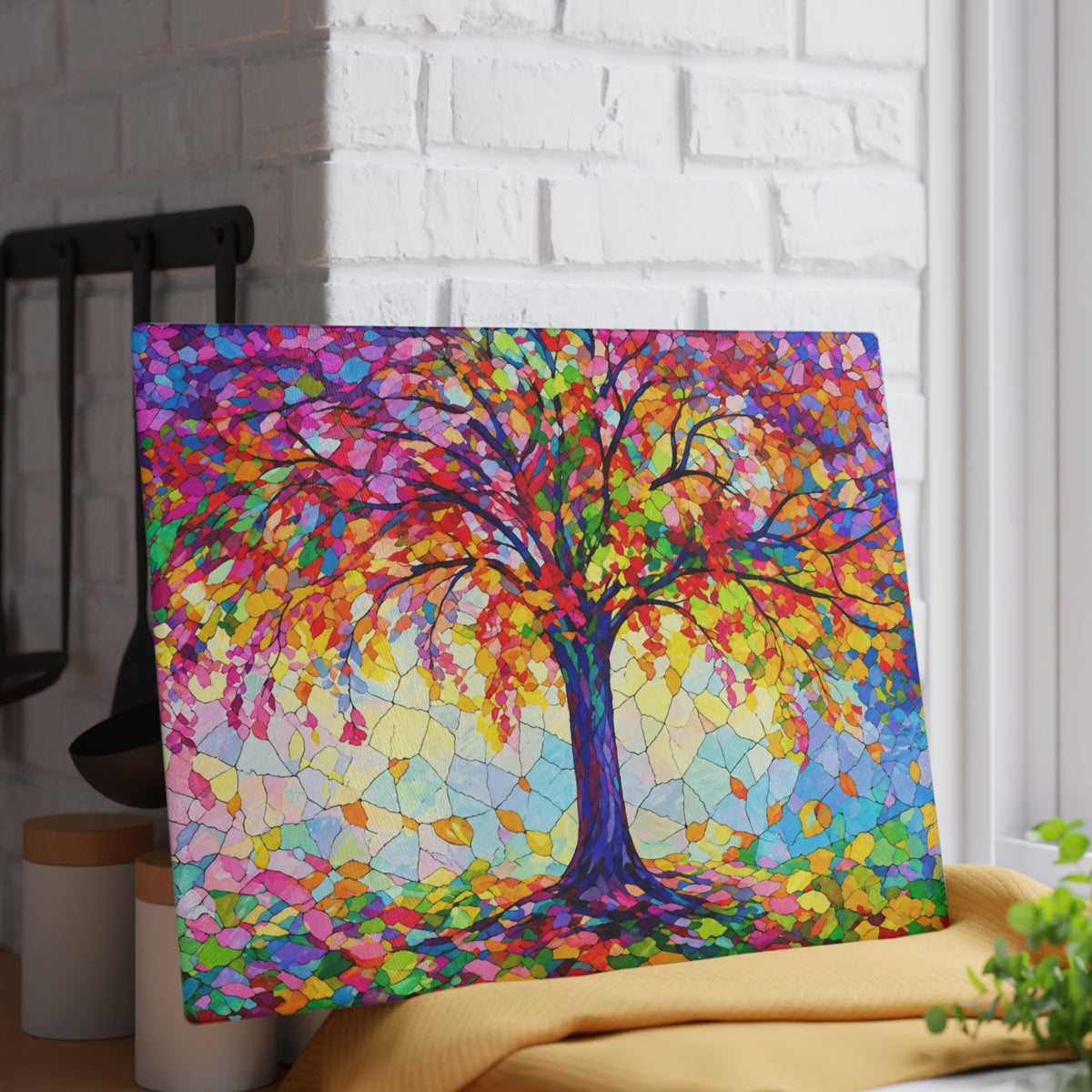 Colorful Tree of Life Stained-Glass-Inspired Glass Cutting Board – Rainbow Nature Decor