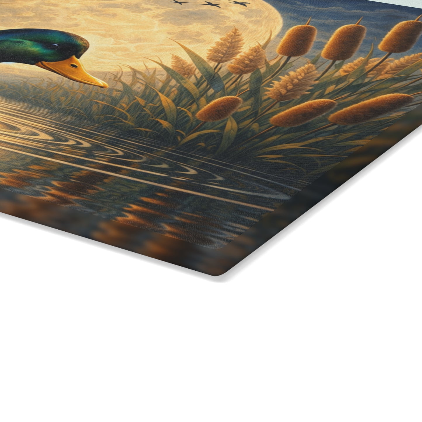 Moonlit Mallard Duck Glass Cutting Board – Peaceful Marsh Wildlife Artwork
