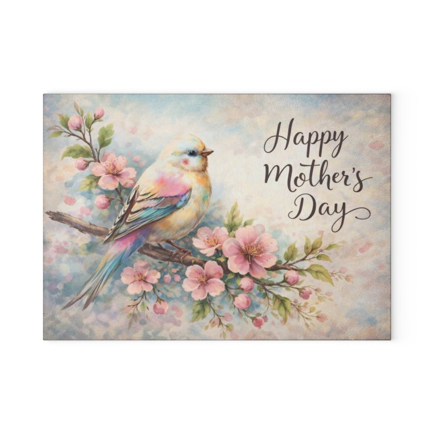 Happy Mother’s Day Bird & Cherry Blossom Glass Cutting Board – Soft Spring Floral Kitchen Accent