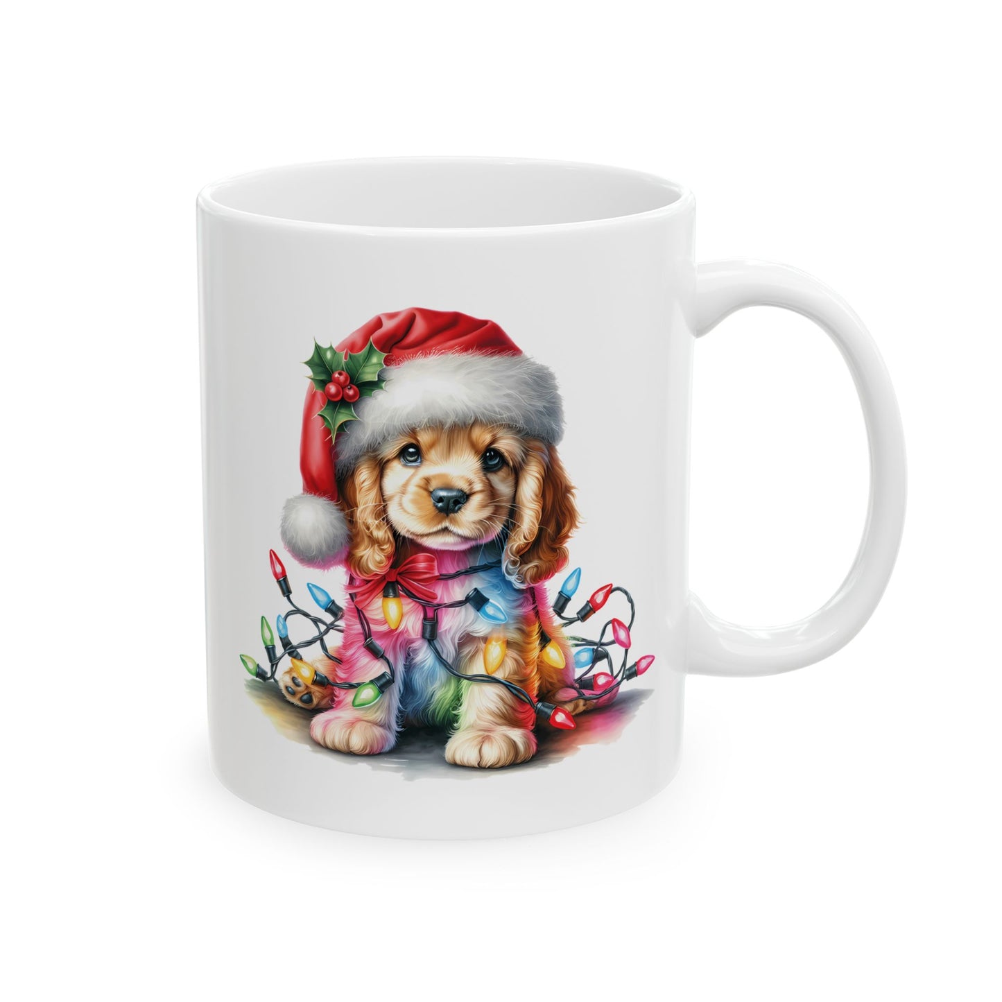 🎁 Cocker Spaniel Christmas Lights Mug – Sweet Holiday Cheer with a Bow 🎄🐶
