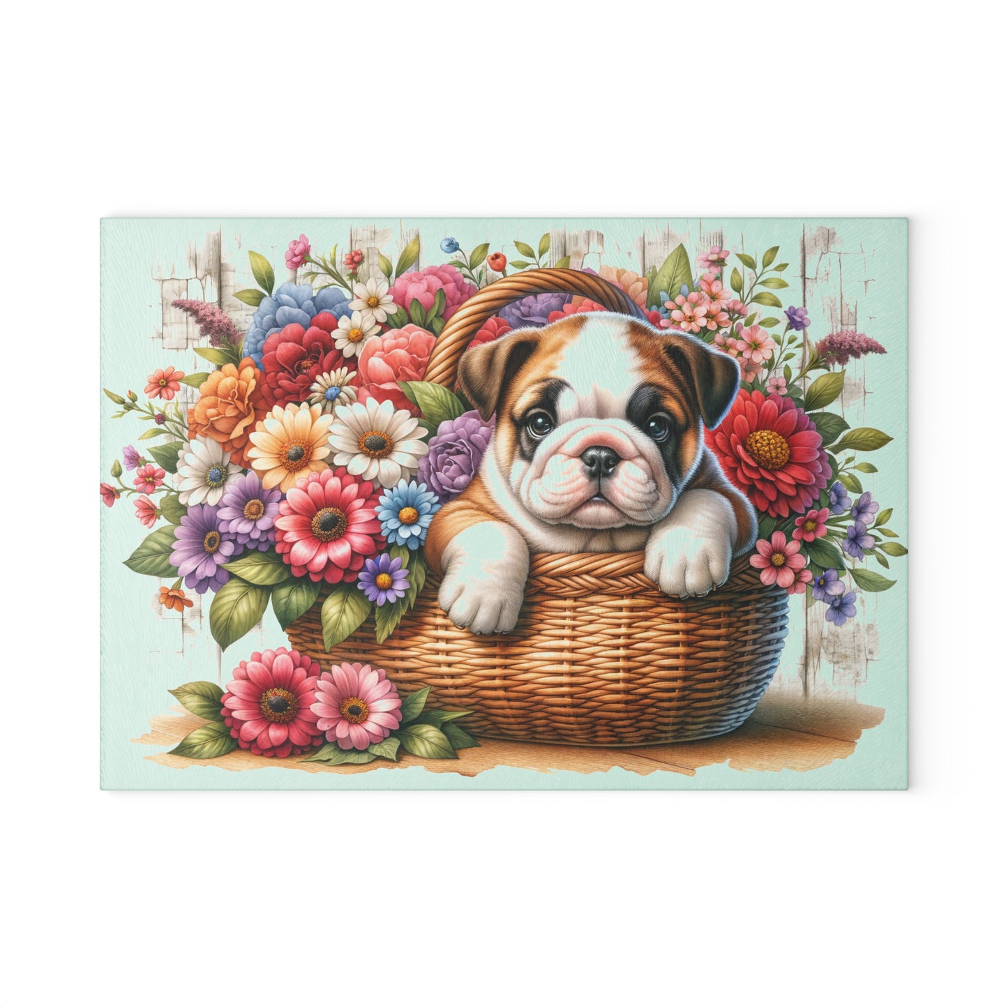 🐾 English Bulldog in Bloom Basket Cutting Board – Rustic Elegance for Your Kitchen 🌺