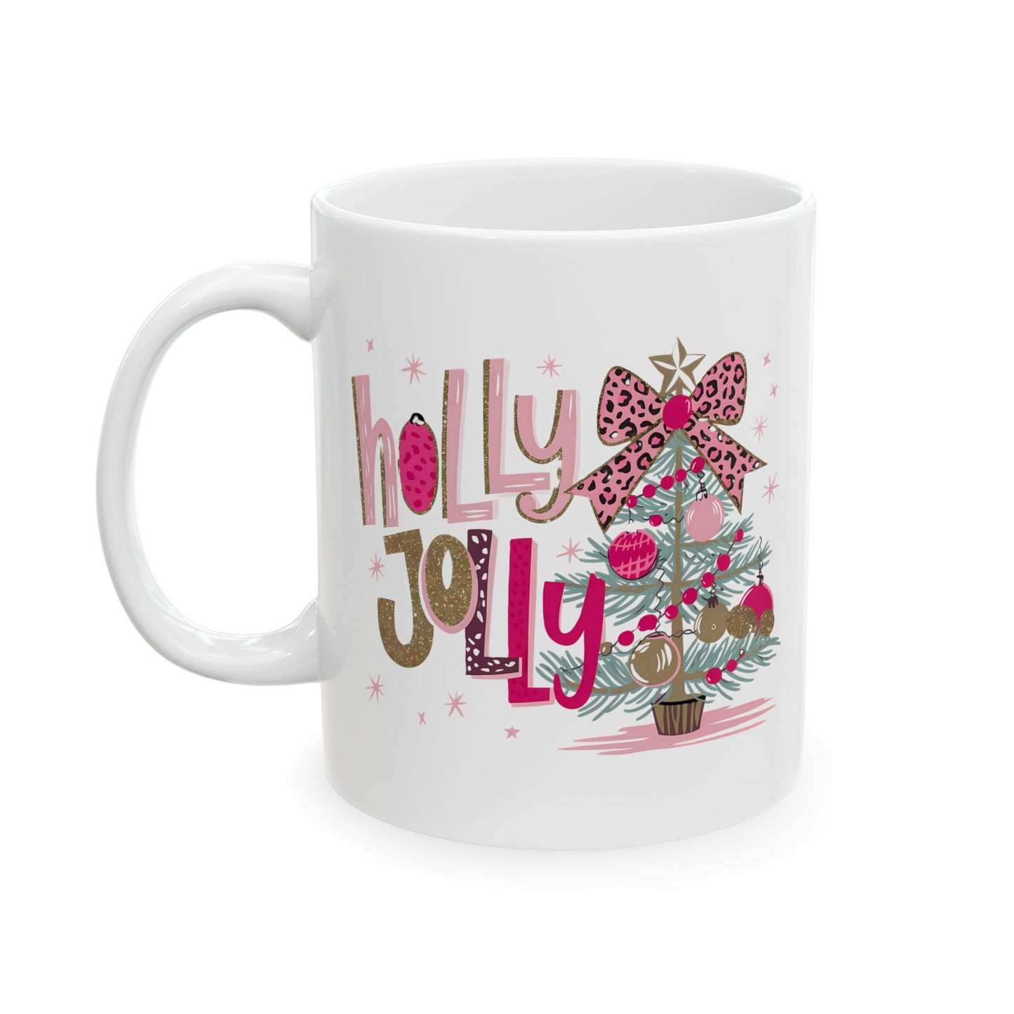 🎀🌟 Holly Jolly Christmas Mug – Glam Tree, Leopard Bow, and Holiday Sass 🎄💖