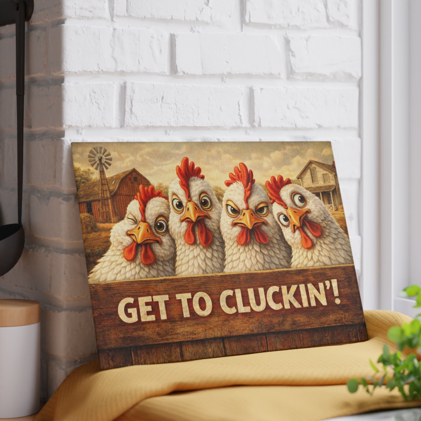 Get to Cluckin’! Funny Chicken Glass Cutting Board – Bold Farmhouse Kitchen Humor