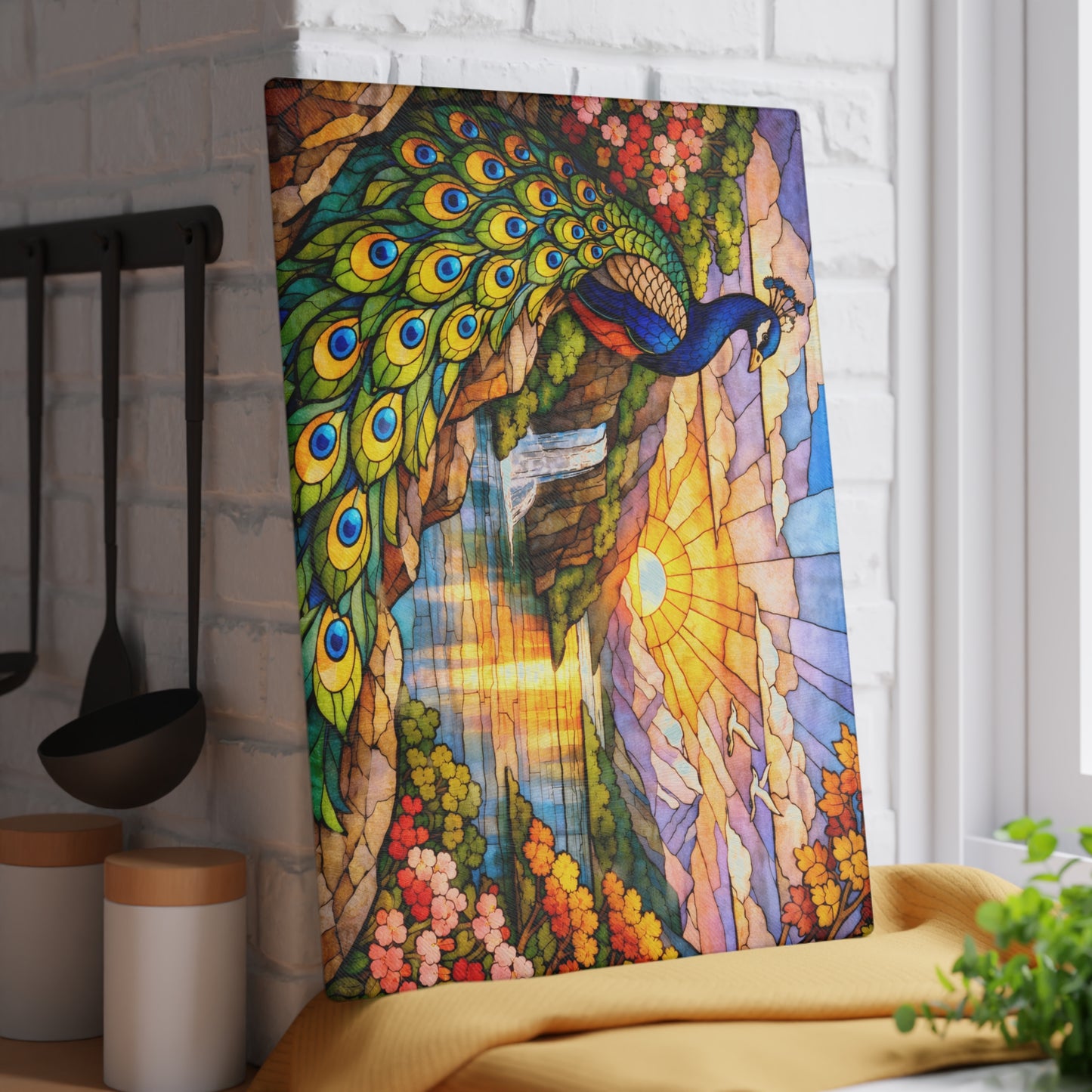 Stained Glass Style Peacock Landscape Glass Cutting Board – Colorful Nature Art Kitchen Decor