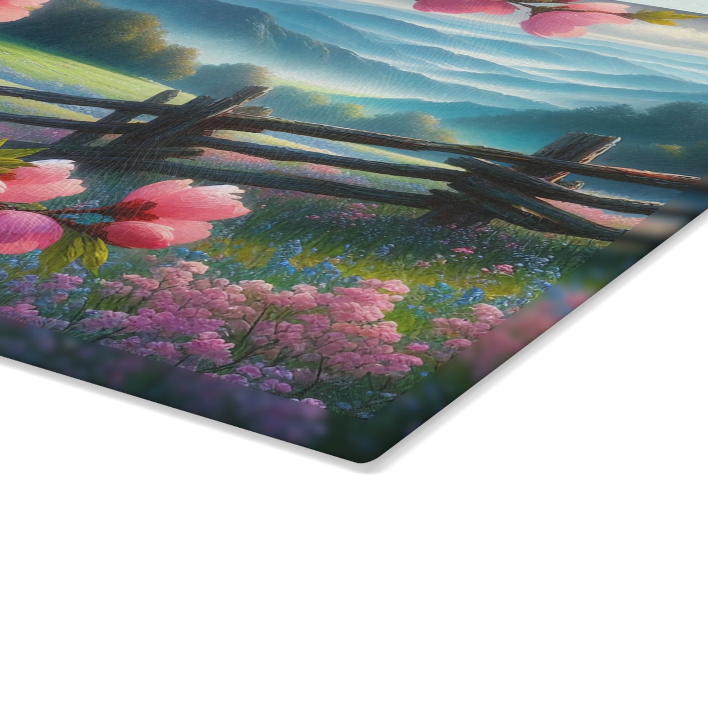 Cherry Blossom Mountain Meadow Glass Cutting Board – Spring Floral Landscape Kitchen Display