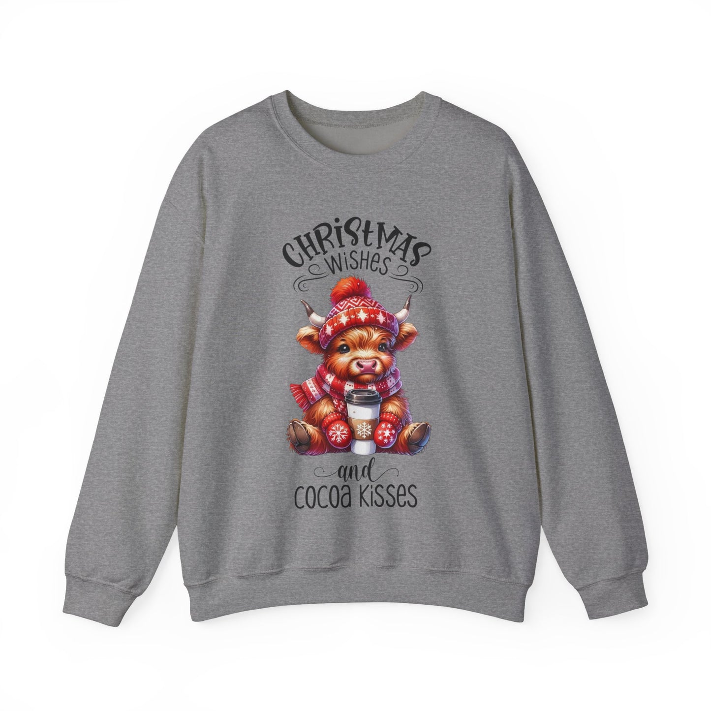 🎄☕🐮 Christmas Wishes and Cocoa Kisses Sweatshirt – Cozy Highland Cow Holiday Sweater ❄️❤️