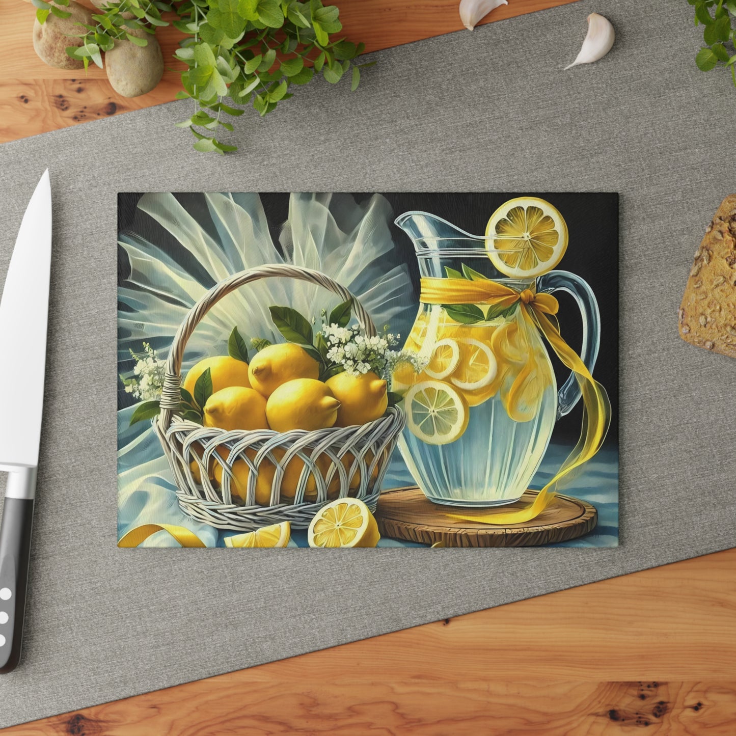 Tabla de cortar de limón, decoración de cocina cítrica, estilo rústico de granja, tabla de cortar de vidrio, decoración de cocina de verano, diseño de limón fresco, idea de regalo