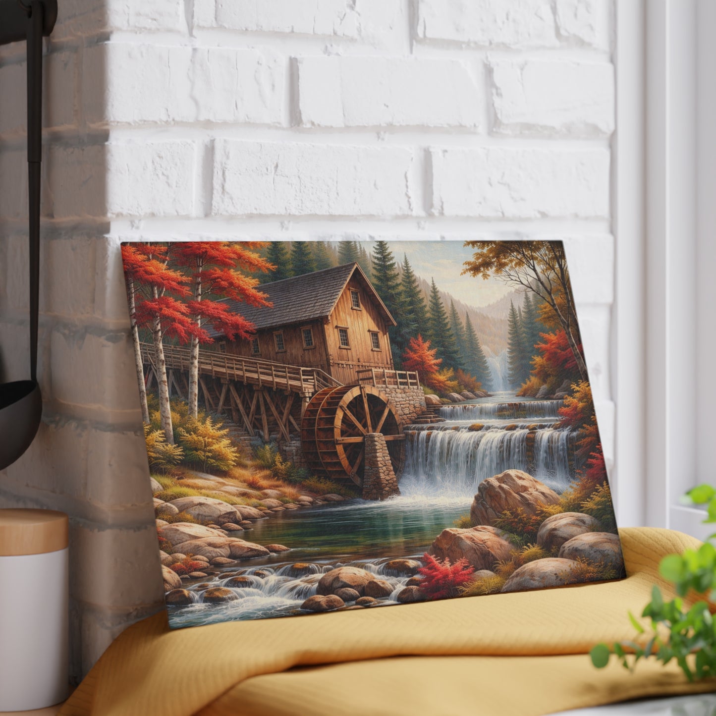 Autumn Watermill Landscape Glass Cutting Board – Rustic Mill and Waterfall Kitchen Art