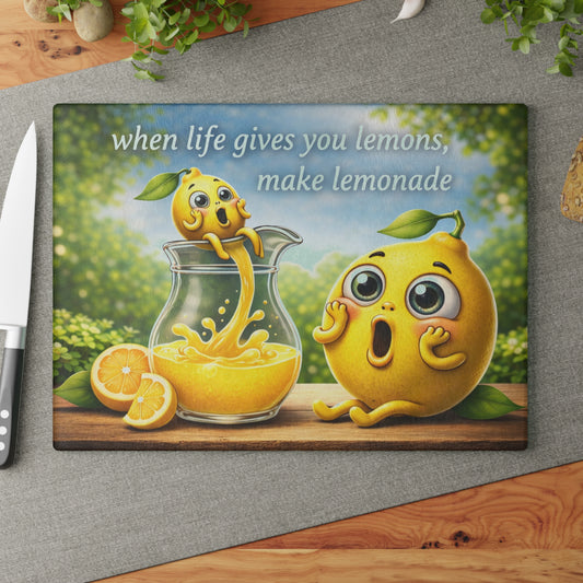 When Life Gives You Lemons Glass Cutting Board – Cute Lemonade Kitchen Art with Positive Quote