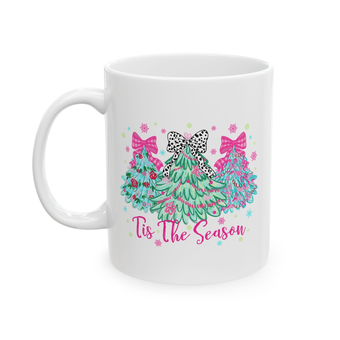 🎀🌲 ‘Tis the Season Mug – Pink Bows, Leopard Accents & Christmas Cheer 💖☕