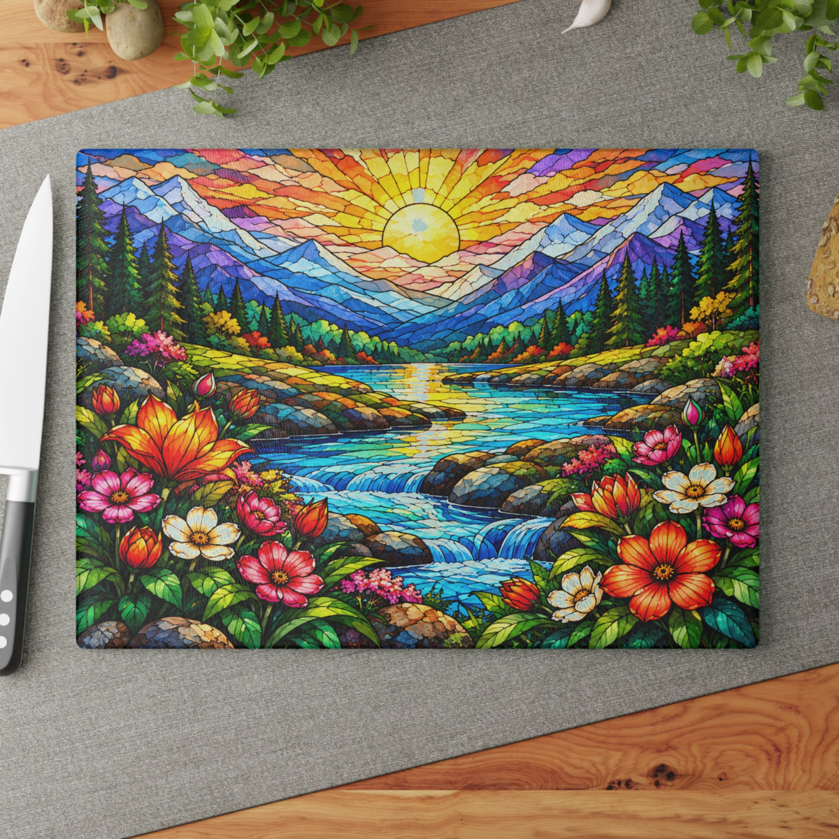 Stained-Glass-Inspired Mountain Sunset Cutting Board – Colorful Wildflowers, Alpine Lake & Waterfall Kitchen Décor
