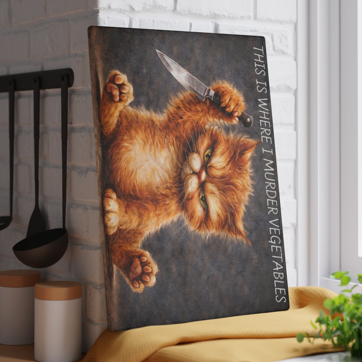 This Is Where I Murder Vegetables Glass Cutting Board – Funny Grumpy Cat Kitchen Art