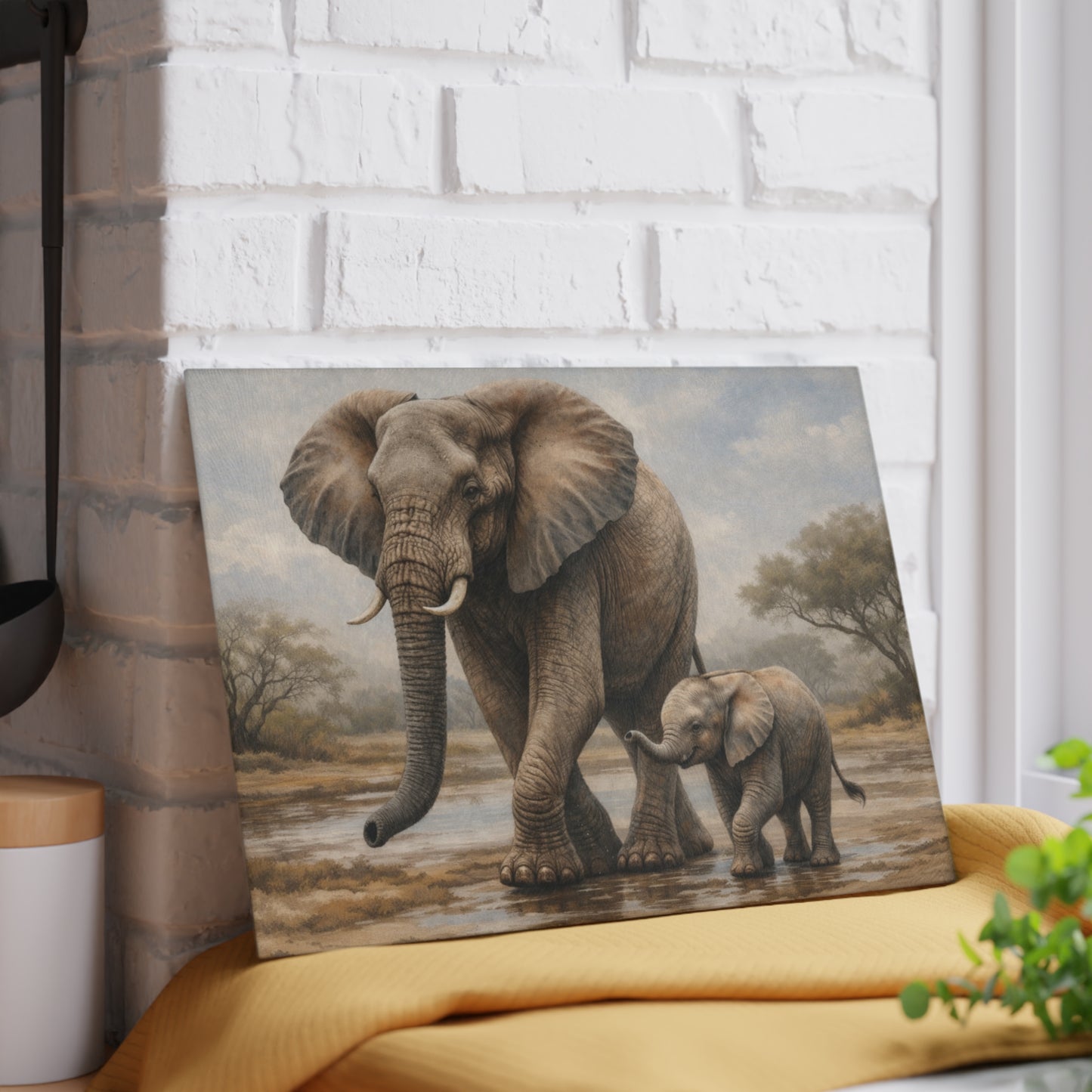 Mother and Baby Elephant Glass Cutting Board – Gentle Safari Wildlife Kitchen Art